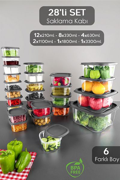 Meleni Home Anthracite Food Storage Set of 28 - Suitable for Microwave Deep Freezer