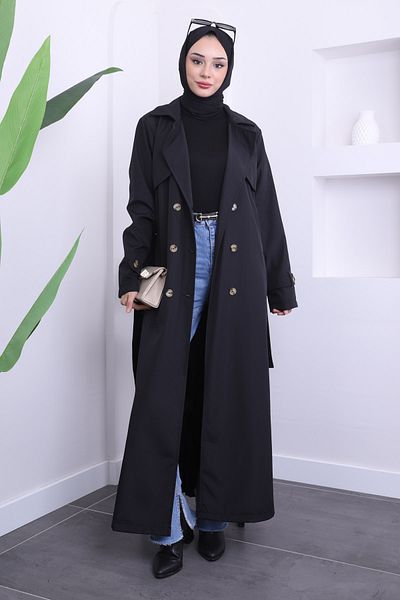 İmajButik Καμπαρντίνα με μαύρη ζώνη μέσης με κουμπιά