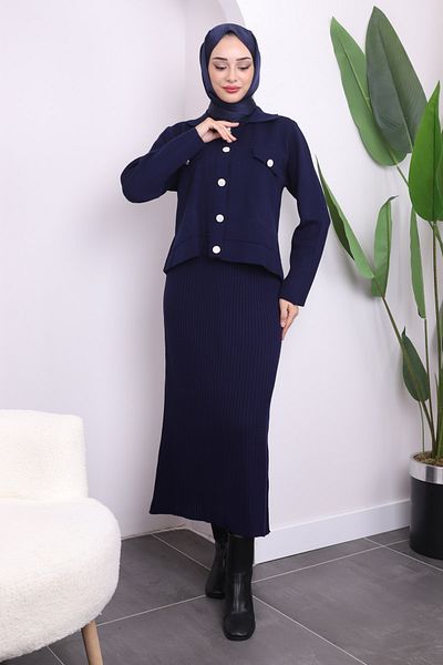 İmajButik Φόρεμα Navy Blue Crop Jacket Σετ Πλεκτό Διπλό Συνδυασμό