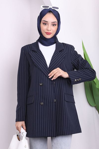 İmajButik Μπλε Navy ριγέ μπουφάν με διπλό γιακά