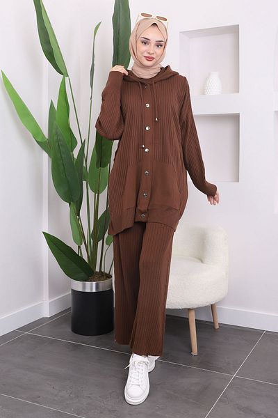 İmajButik Brown Ribbed Trousers Triple Combination Set
