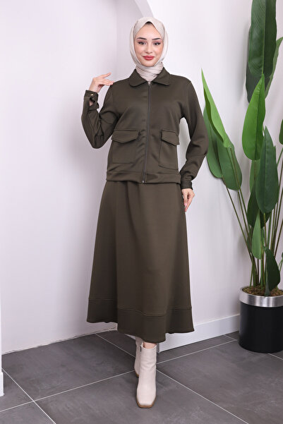 İmajButik Khaki Zippered Jacket Skirted Scuba Suit