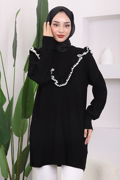 İmajButik Black Frilly Corded Knitwear Tunic