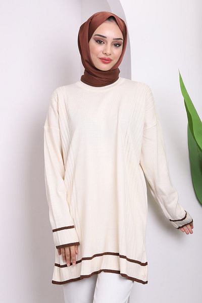 İmajButik Cream Crew Neck Mercerized Casual Knitwear Tunic