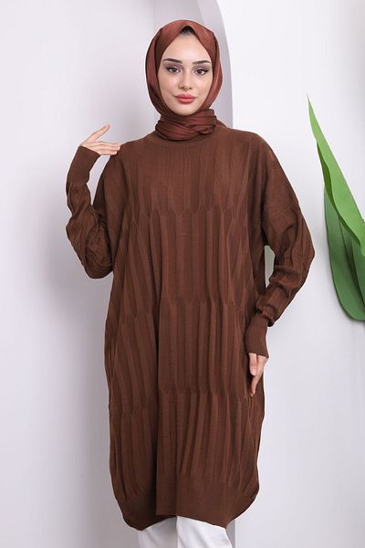 İmajButik Καφέ Crew Neck Mercerized Casual Knitwear Tunic