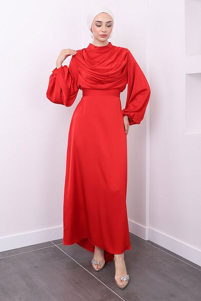 İmajButik Satin Balloon Sleeve Evening Dress - Red Collar Detail