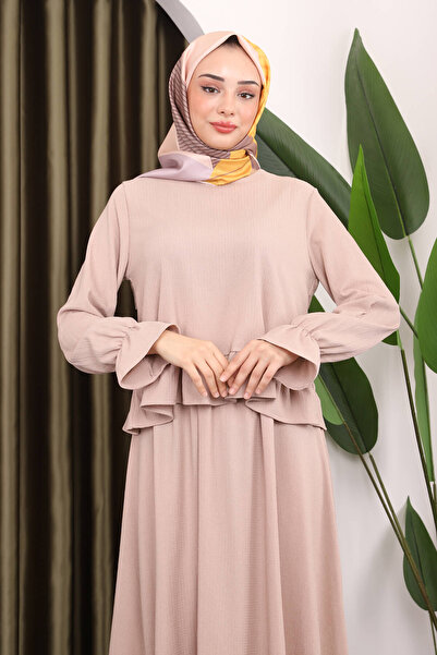 İmajButik Beige Blouse and Skirt Set - Sleeve Detail