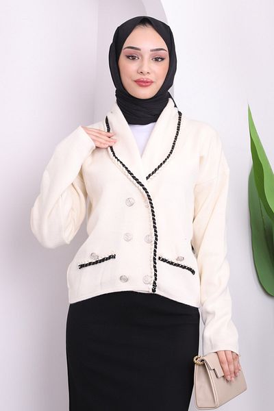 İmajButik Κρεμ ριγέ πλεκτή ζακέτα