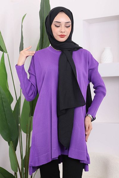 İmajButik Purple Crew Neck Mercerized Casual Knitwear Tunic