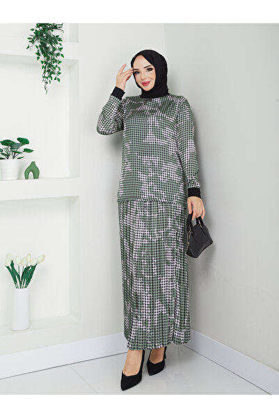 modamira Kadın Yeşil Önü Desenli Saten 2li Bluz Etek Piliseli Ikili Tesettür Etekli Takım