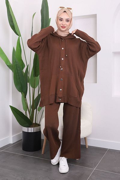 İmajButik Brown Ribbed Trousers Triple Combination Set