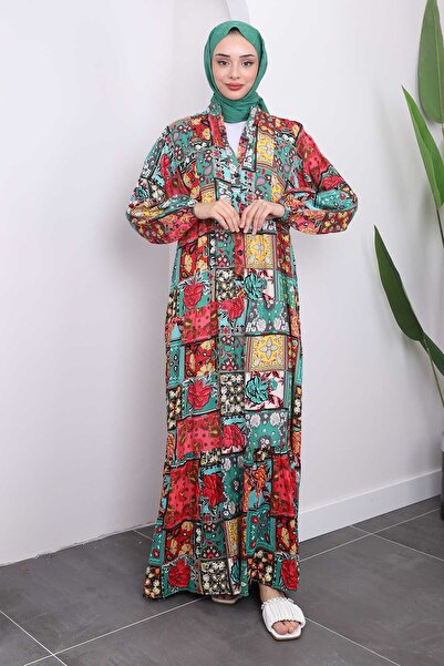 İmajButik Πορτοκαλί/Μέντα φόρεμα βισκόζης με κλιμακωτή φούστα