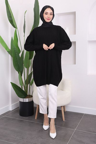 İmajButik Black Crew Neck Mercerized Casual Knitwear Tunik