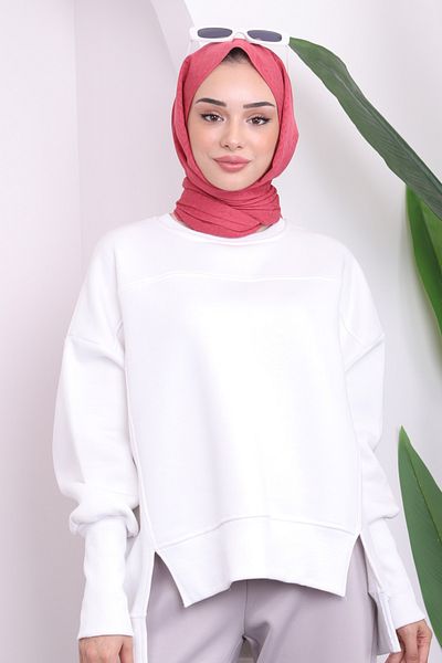 İmajButik Ecru Crew Neck με τρεις κλωστές Basic Sweat