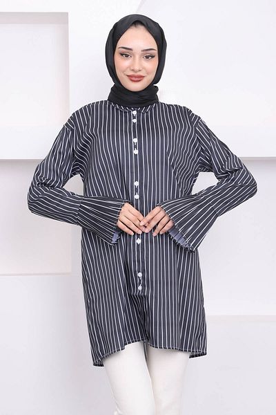 İmajButik Μαύρο ριγέ πλισέ μανίκι τουνίκ - με κουμπιά