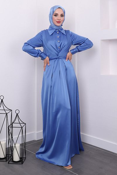 İmajButik Σατέν Indigo βραδινό φόρεμα - με κουμπιά στο λαιμό και σταυρωτό φύλλο