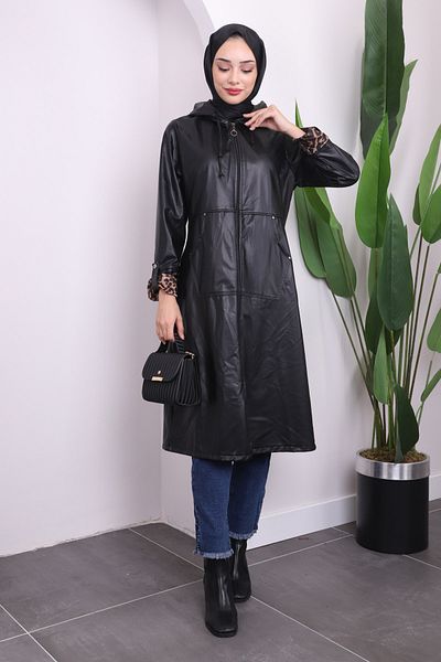İmajButik Δερμάτινη καμπαρντίνα με μαύρη κουκούλα
