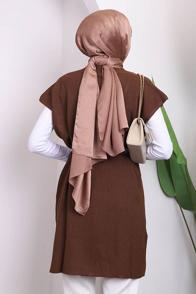 İmajButik Кафяв трикотажен пуловер Selanik с V-образно деколте