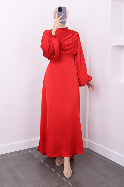 İmajButik Satin Balloon Sleeve Evening Dress - Red Collar Detail