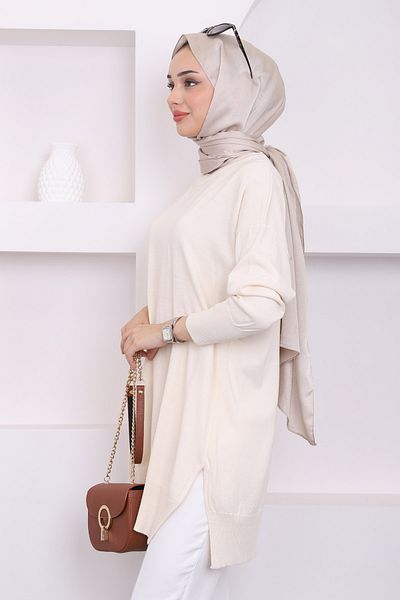 İmajButik Πέτρινο Crew Neck Mercerized Casual Knitwear Tunic