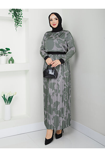 modamira Kadın Yeşil Önü Desenli Saten 2li Bluz Etek Piliseli Ikili Tesettür Etekli Takım