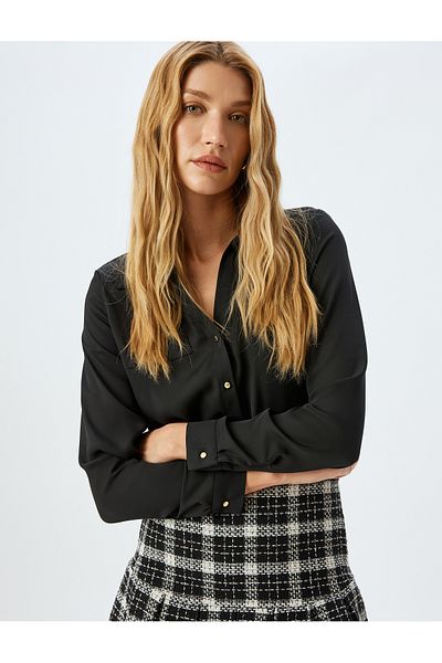 Koton Classic Lapel Satin Shirt with Long Sleeve Semi Sheer Pocket Detail