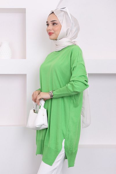 İmajButik Pistachio Green Crew Neck Mercerized Loose Knitwear Tunic