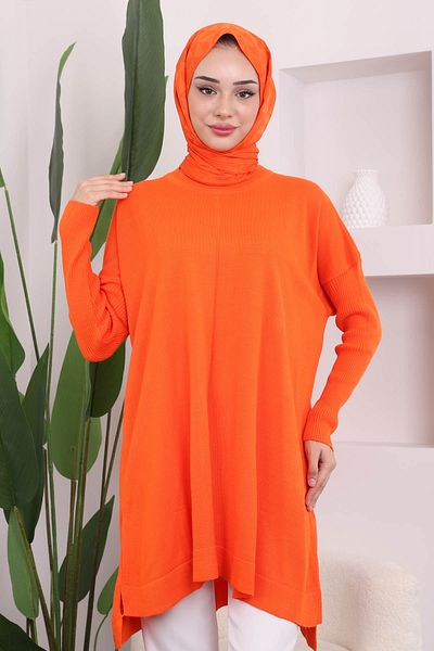 İmajButik Orange Crew Neck Mercerized Loose Knitwear Tunic