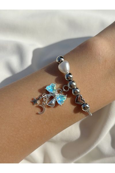 Eylülün Takısı Women's Silver Color Dangle Blue Bow Pearl Bead Bracelet