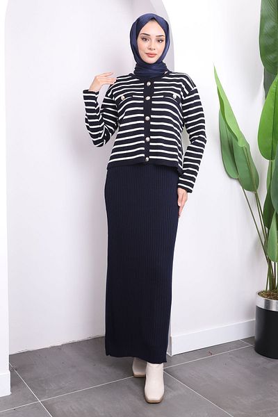 İmajButik Φόρεμα πλεκτό Navy Blue Crop Ζακέτα Διπλός Συνδυασμός