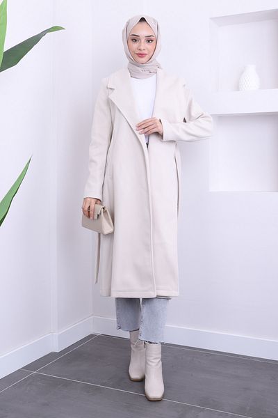 İmajButik Πέτρινο παλτό με ζώνη μέσης