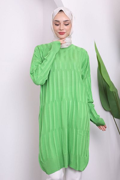 İmajButik Φιστίκι Πράσινο Crew Neck Mercerized Casual Knitwear Tunic