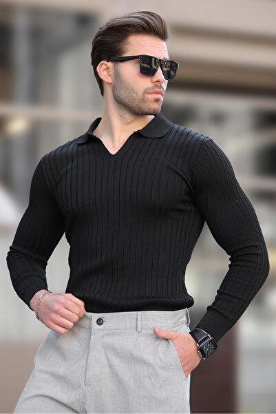 Madmext Siyah Polo Yaka Çizgili Uzun Kollu Erkek Kazak 7289