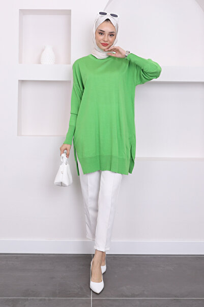 İmajButik Φιστίκι Πράσινο Crew Neck Mercerized Casual Knitwear Tunic