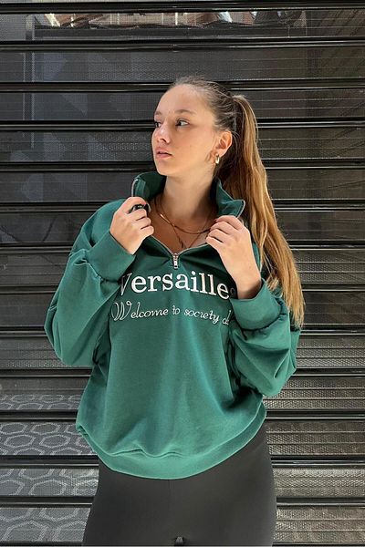 Madmext Green Half Zip Printed Sweatshirt Mg2240