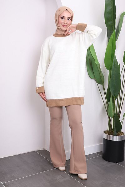 İmajButik Cream Cufflined Knitwear Tunic