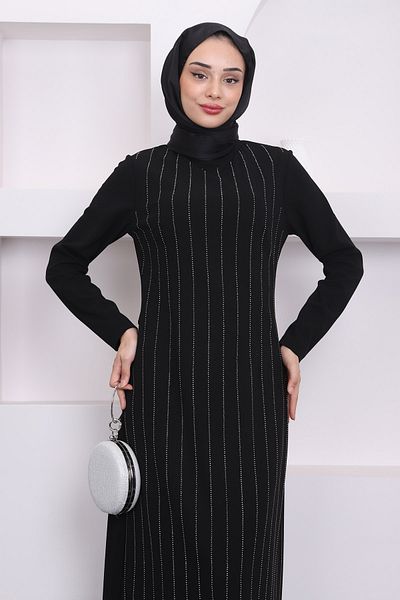 İmajButik Μαύρο φόρεμα με μπροστινή πέτρινη λεπτομέρεια