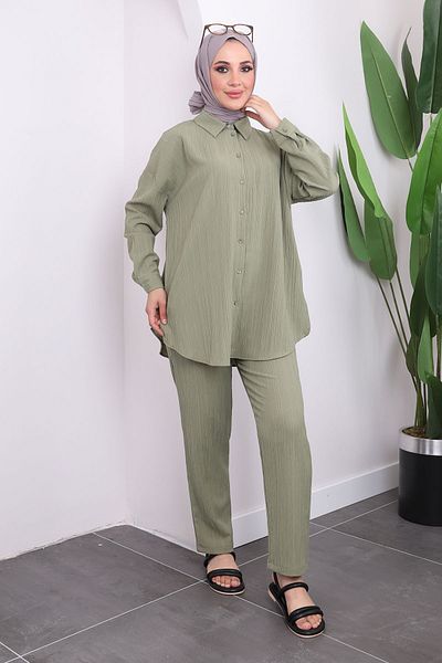 İmajButik Σετ πουκάμισο και παντελόνι σε χακί χρώμα - με κουμπιά