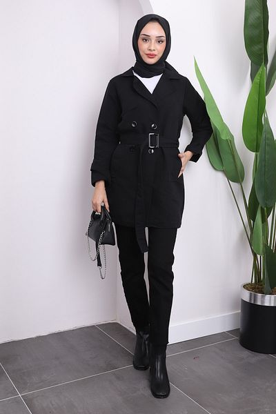 İmajButik Μαύρη κοντή καμπαρντίνα με τσέπες και ζώνη μέσης