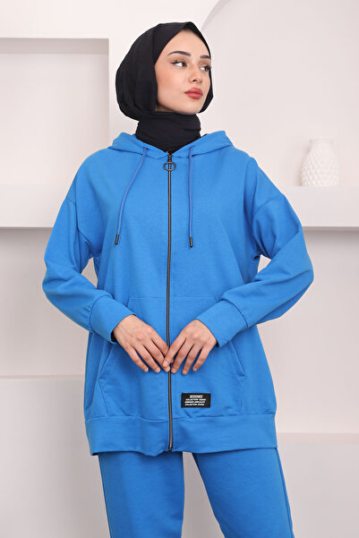 İmajButik Saks Blue Two Thread Hooded and Pocket Tracksuit Set