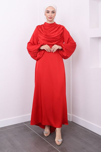 İmajButik Satin Balloon Sleeve Evening Dress - Red Collar Detail