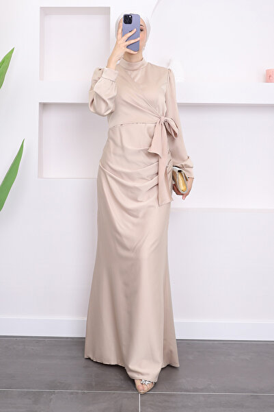 İmajButik Bej Ön Detaylı Drapeli Saten Abiye