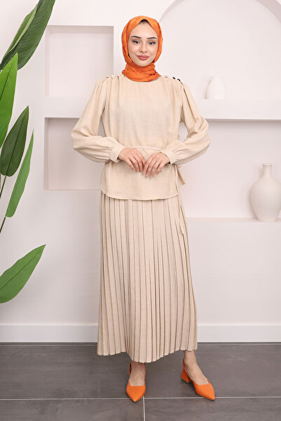 İmajButik Set bluză și fustă plisată bej - Detaliat pe umeri