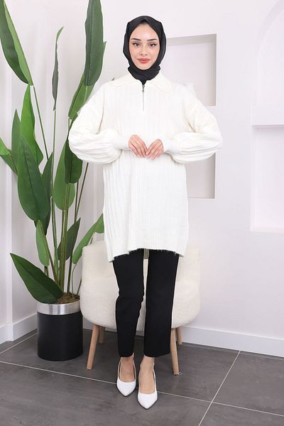 İmajButik Ecru Zippered Şardon Knitwear Tunik