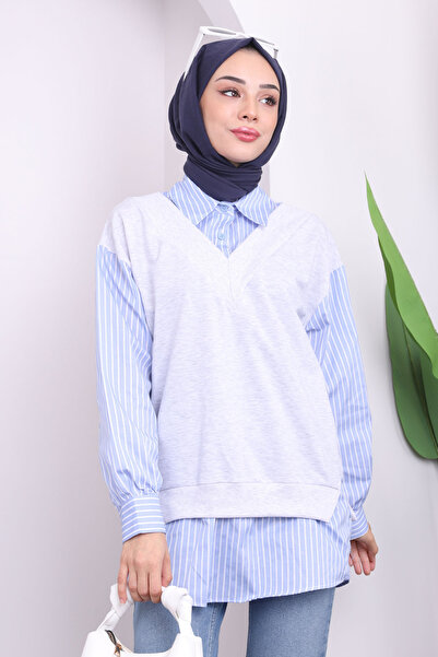 İmajButik Γκρι πουκάμισο με γαρνιρισμένο πουλόβερ