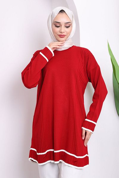 İmajButik سترة تريكو كاجوال مرسيريزد ذات رقبة دائرية حمراء