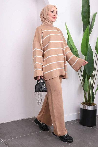 İmajButik Σετ πλεκτό ριγέ τουνίκ με μπισκότο παντελόνι