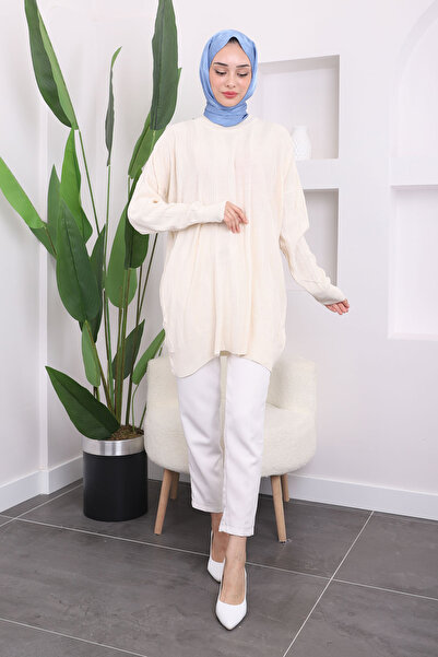 İmajButik Κρεμ Crew Neck Mercerized Casual Knitwear Tunic