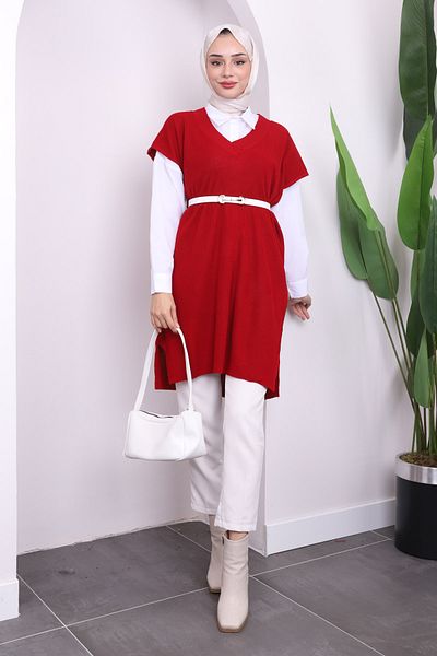 İmajButik Red V-Neck Slit Selanik Knitwear Sweater