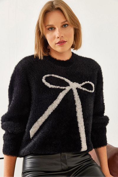 Bianco Lucci Pulover de damă cu model cu fundă moale cu barbă 20246250
